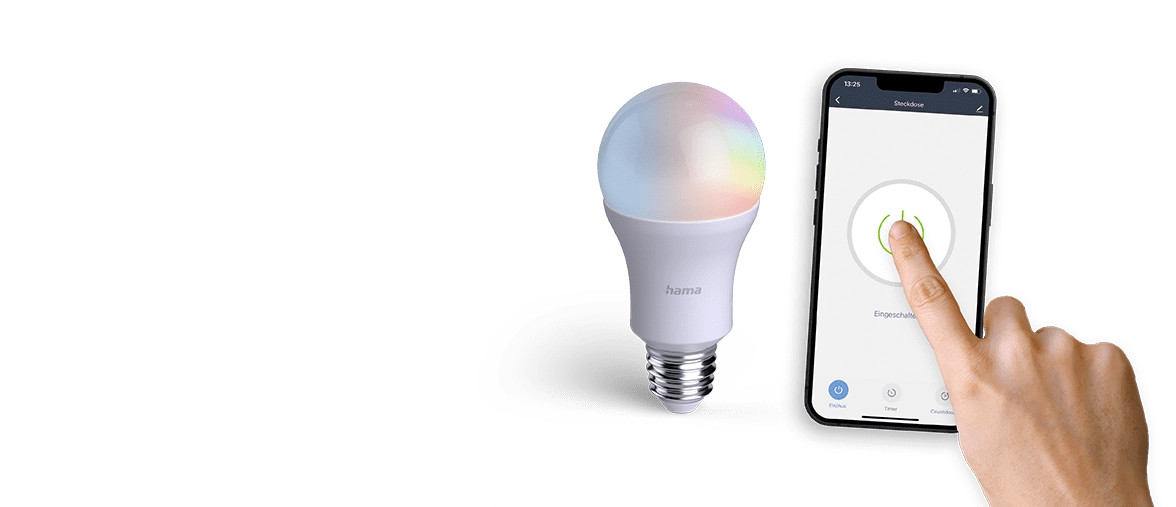 Une main contrôle un éclairage intelligent à l’aide d’une application